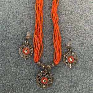 Beaded Orange Necklace and Round Earrings Set